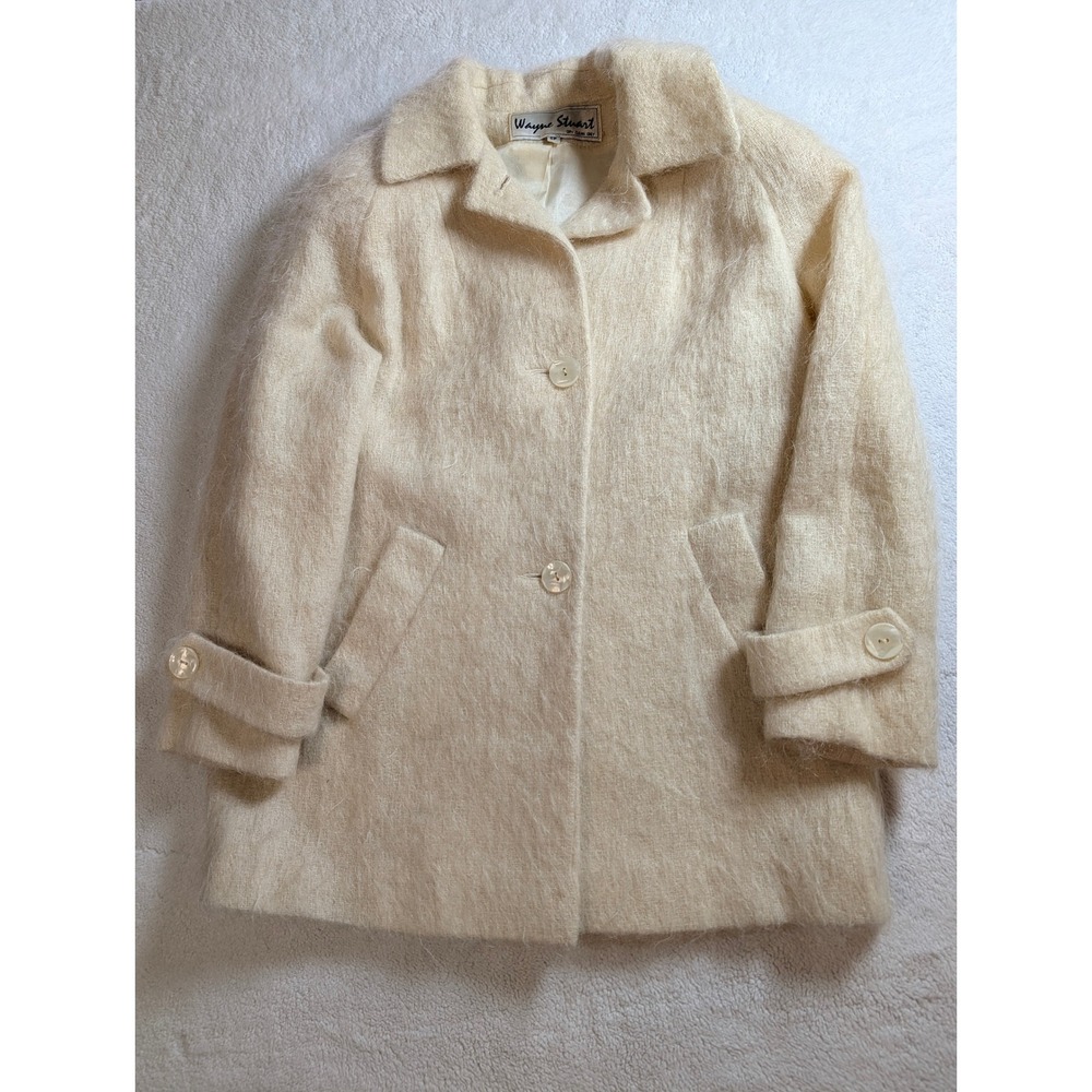 Vintage Wayne Stuart Cream Mohair Blend Car Coat Petite 6P Ivory Fuzzy Jacket